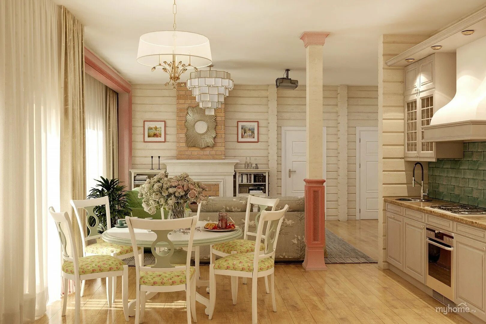 Кухня столовая в деревянном доме дизайн фото Кухня гостиная в доме из бруса фото - DelaDom.ru