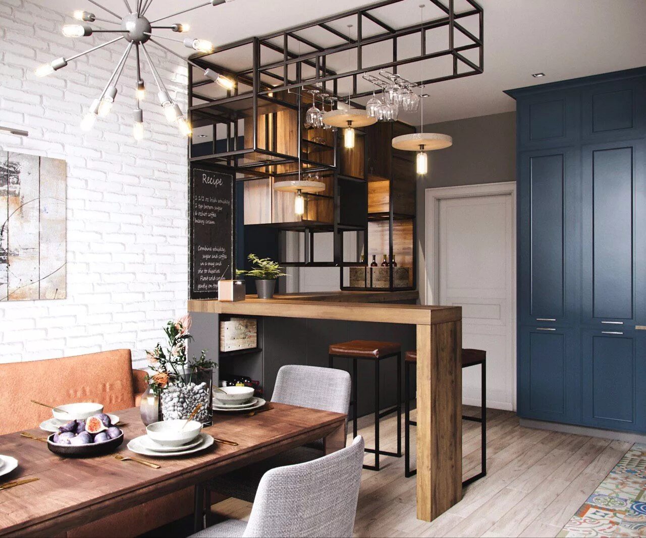 Кухня столовая в стиле лофт Необычная кухня-столовая с барной стойкой в стиле лофт. Стойка изготовлена из ме