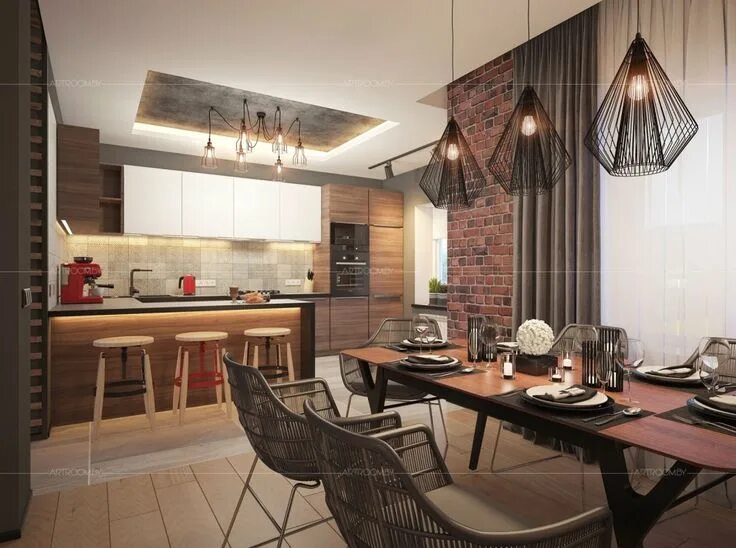 Кухня столовая в стиле лофт Интерьер частного дома в стиле лофт. Кухня-столовая.