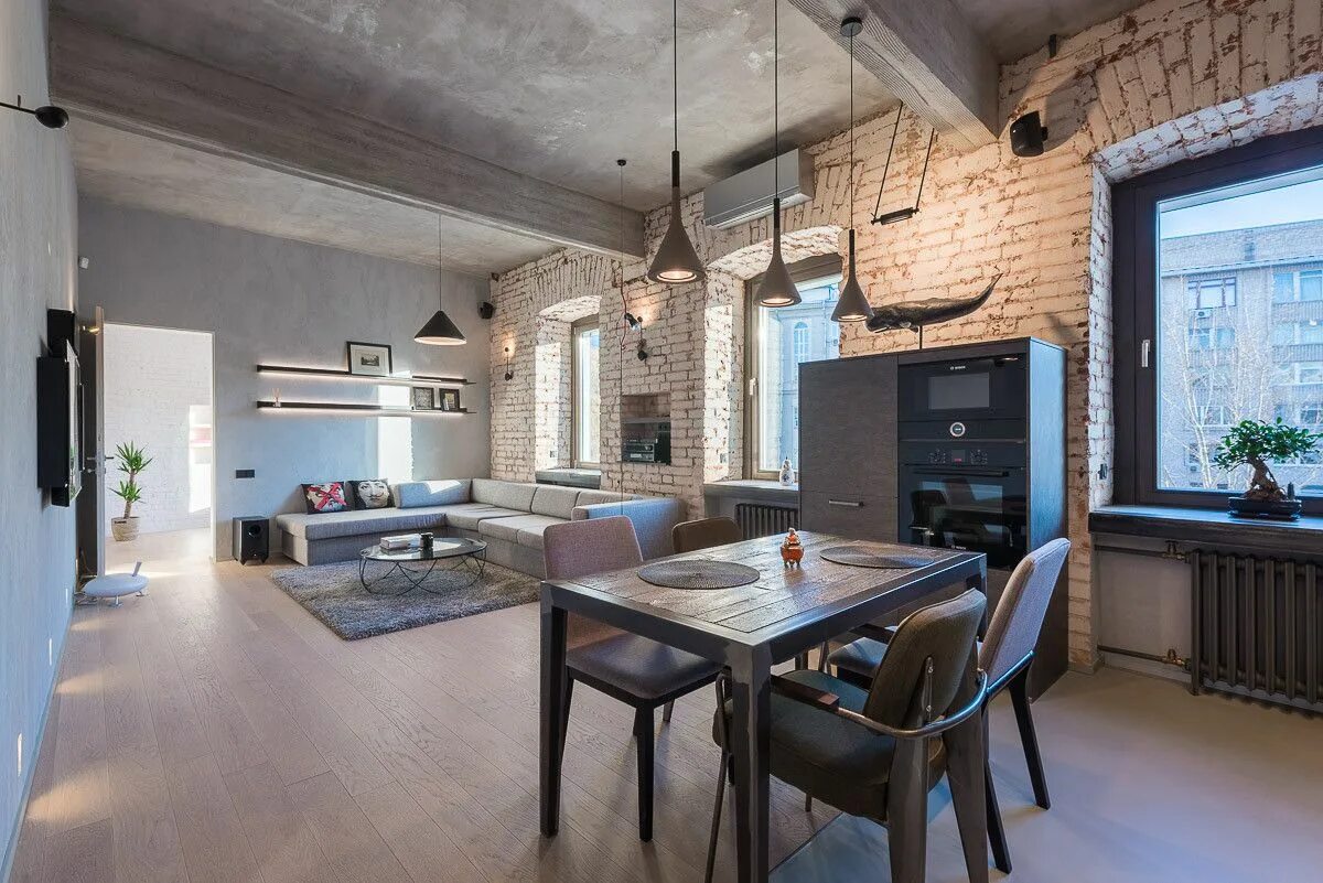 Кухня столовая в стиле лофт Двухкомнатный мужской лофт в здании 1876 года постройки в центре Москвы Лофт, Ин