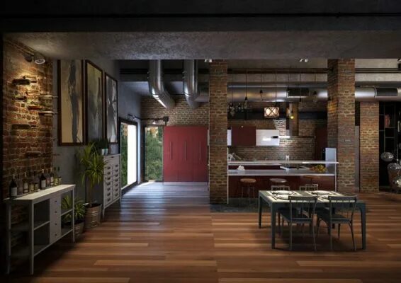 Кухня столовая в стиле лофт Интерьер кухни в стиле лофт: кухня-гостиная, обои и светильники, светлая кухня, 