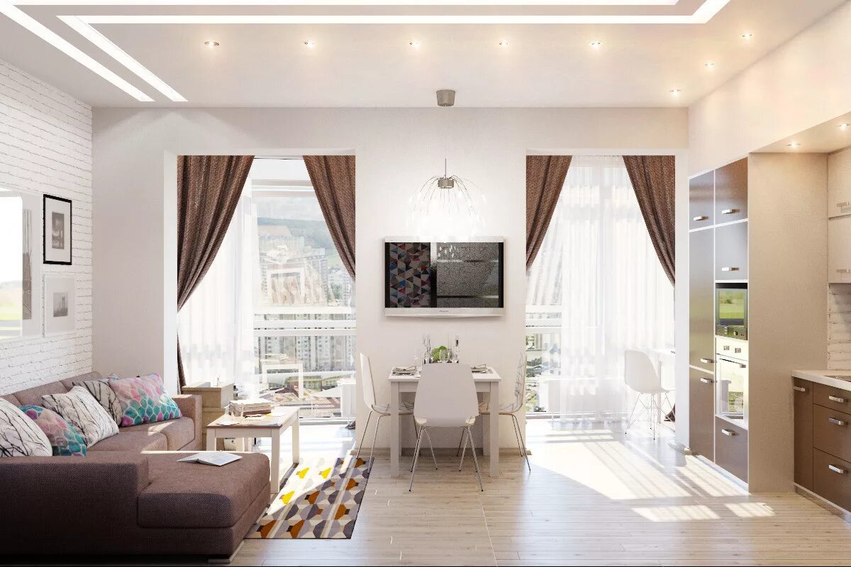 Кухня студия два окна дизайн Современная кухня-гостиная с кирпичной кладкой и грифельной доской. Abitant Моск