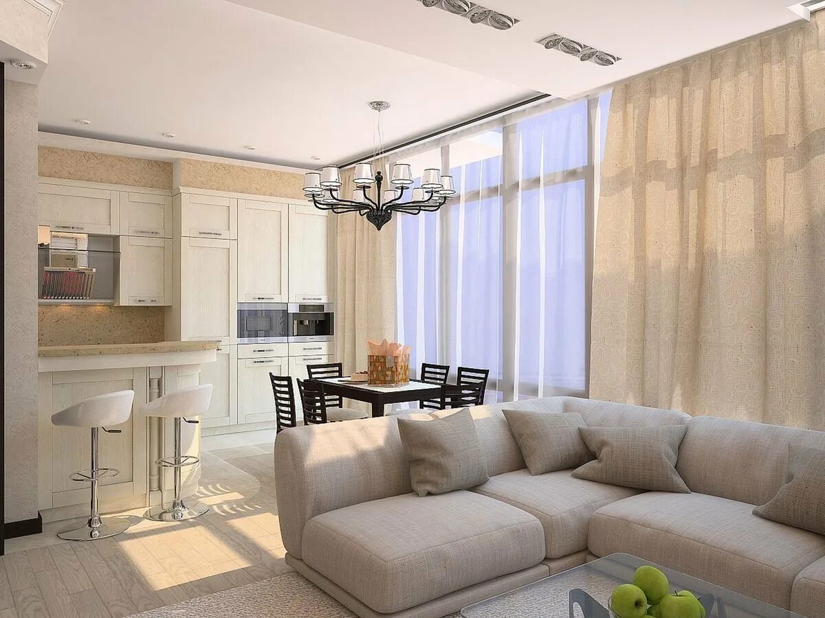 Кухня студия два окна дизайн Кухня гостиная с двумя окнами фото - DelaDom.ru