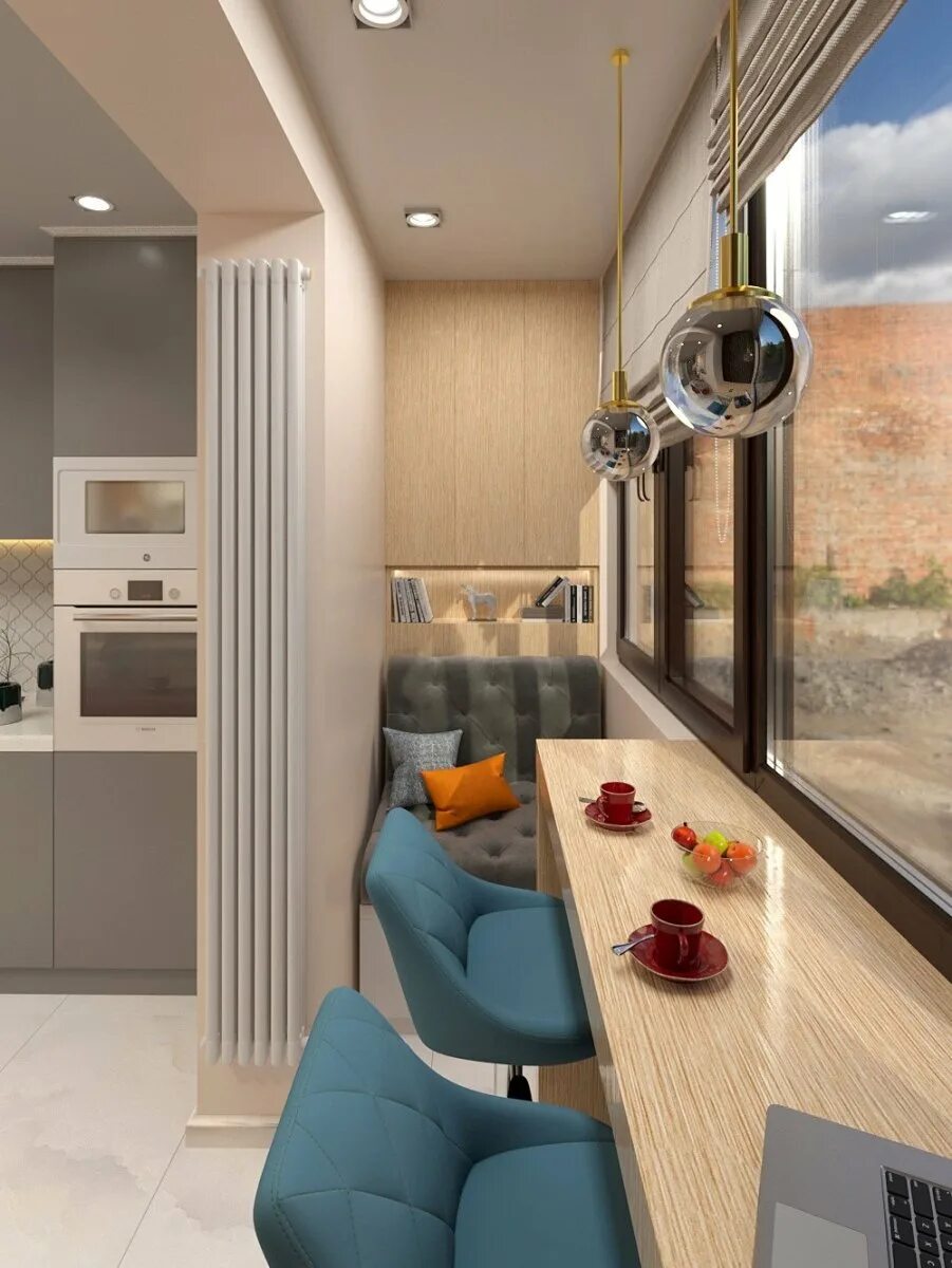 Кухня студия с балконом фото Кухня с балконом и диваном - 79 фото