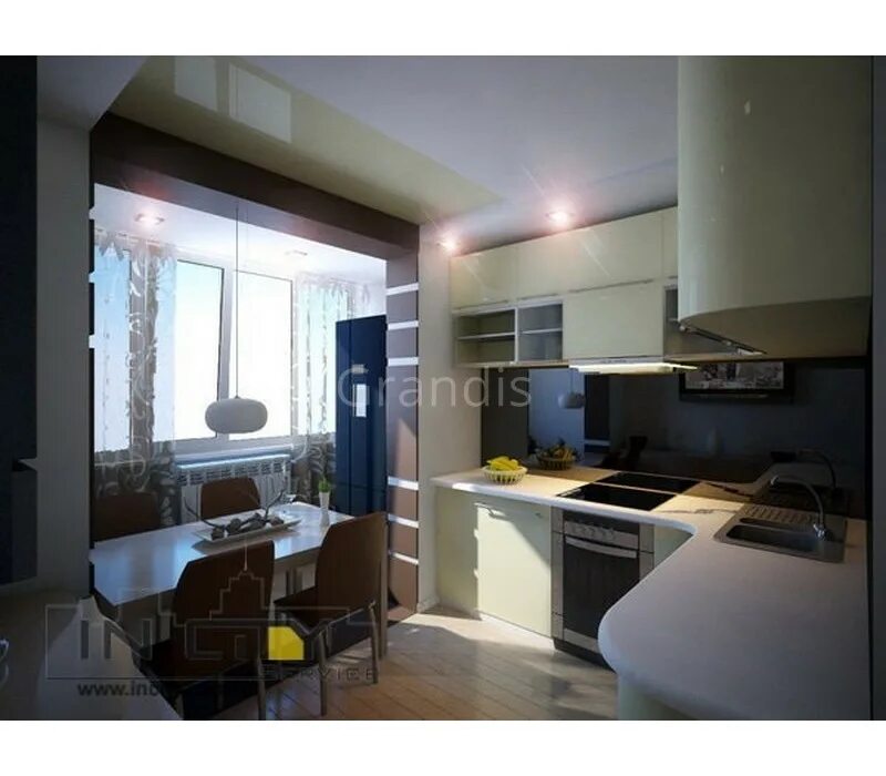 Кухня студия с балконом фото Кухня с панорамным остеклением 13,7кв метра купить на заказ от фабрики Grandis