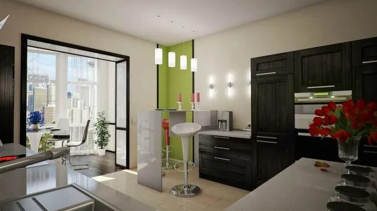 Кухня студия с балконом фото Дизайн кухни с балконом: фото маленькой кухни с выходом на балкон и дверью, инте