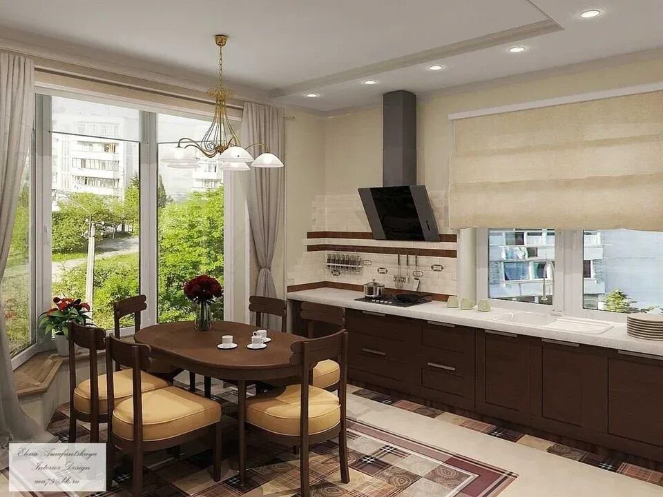 Кухня студия с окном фото Kitchen design 30 sq m with access to the terrace (61 Photos)