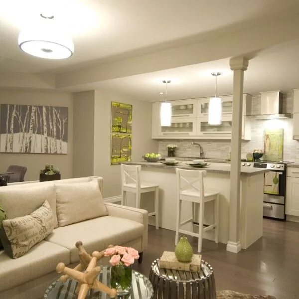 Кухня студия совмещенная с гостиной фото Однокомнатная квартира студия - дизайн интерьера в современном стиле прованс на 