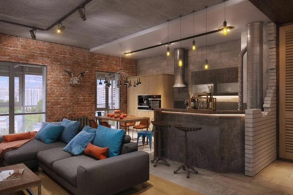 Кухня студия стиль лофт Стиль лофт в интерьере Ivybush.ru Design di interni industriale, Interno apparta