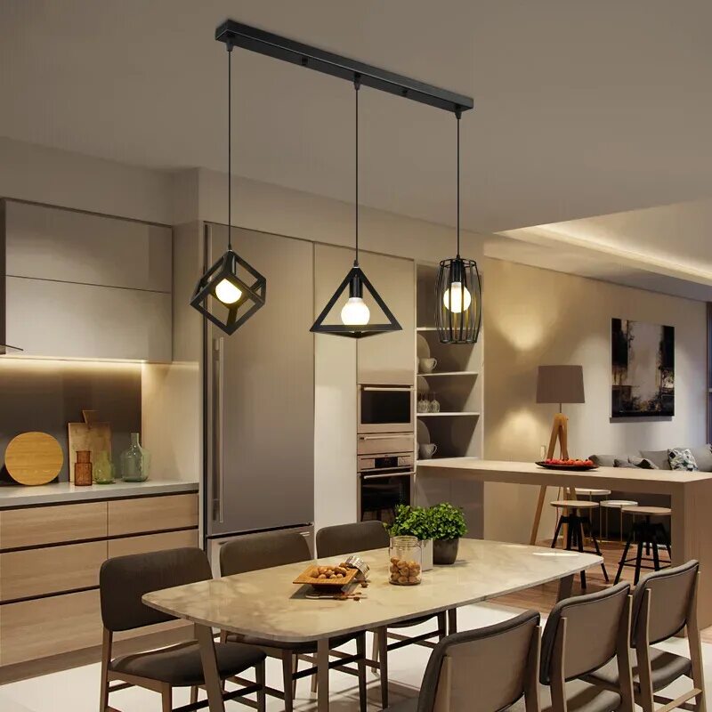 Кухня светильники интерьер фото Nordic Pendant Lights Industrial Vintage Loft Lamp Iron Art Cage Black Hanging L