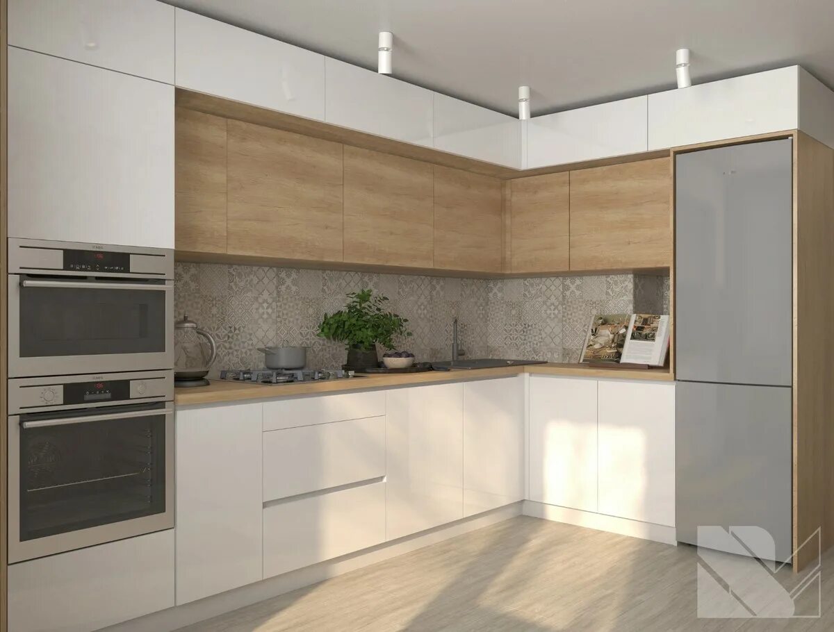 Кухня светлая угловая современная фото Двухуровневая кухня на заказ в Мытищах