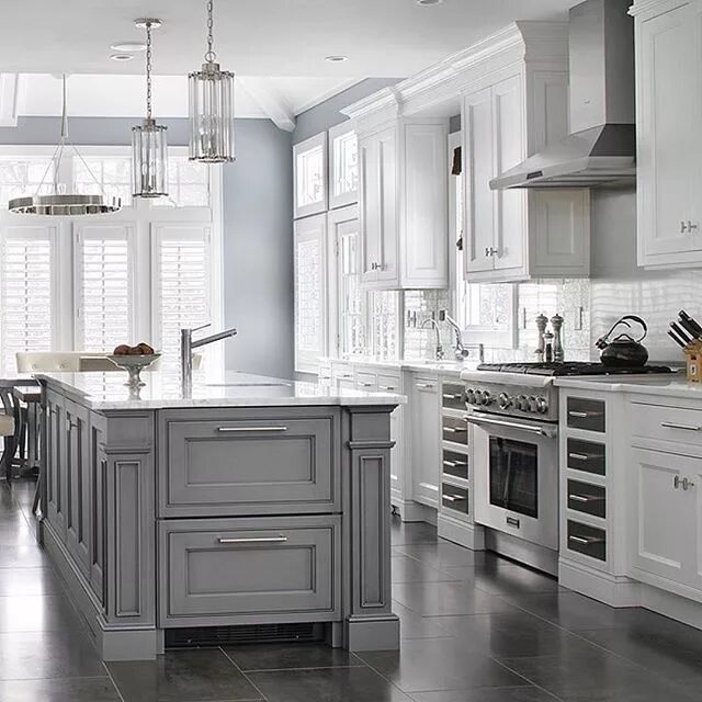 Кухня светло серого цвета фото Love love white cabinets and a grey island By Durso Construction Management Grey