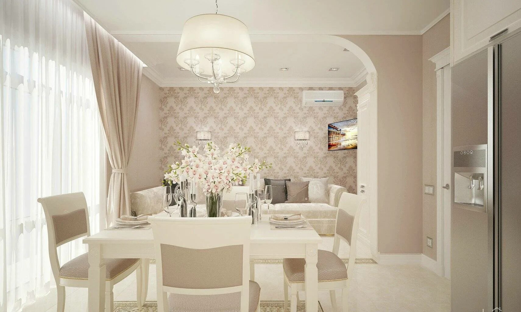 Кухня светлые обои фото Обои в кухню фото в интерьере: бежевый и белый, фотообои в гостиной, классически