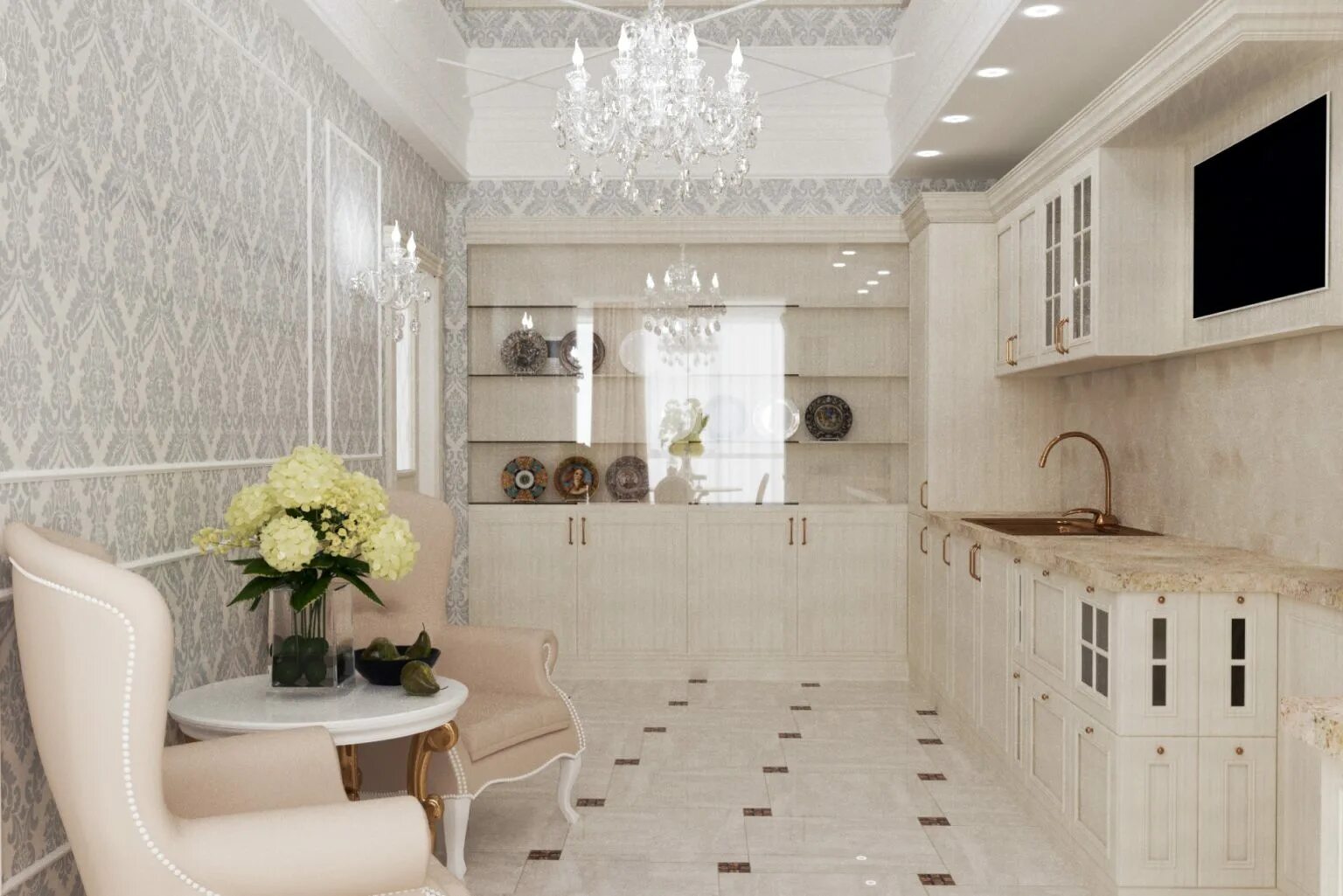 Кухня светлые обои фото Кухня в стиле неоклассика: 120 фото и правила оформления дизайна