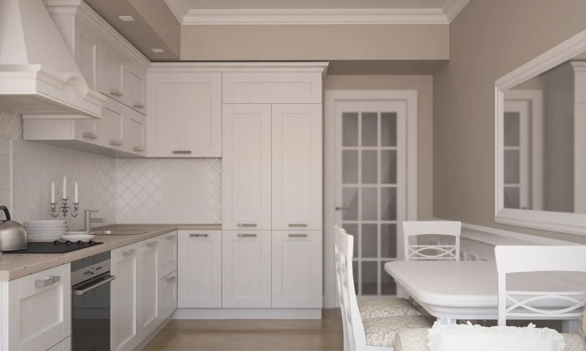 Кухня светлые обои фото Фото дизайна белой кухни 8 кв м фабрики Alvaline