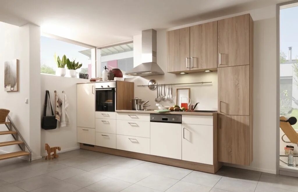 Кухня светлый дуб в интерьере Kuchyně Cindy písková hedvábný mat a Cora Jasan Sonoma Kuchyně Gorenje Kitchen, 