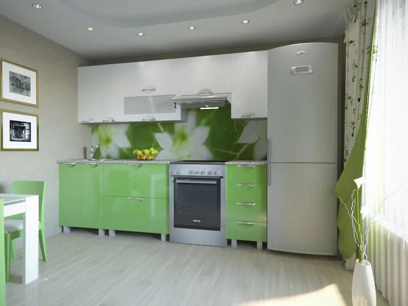 Кухня светлый зеленый фото Кухонный гарнитур Мадена Бело-зеленый глянец - купить в Перми в интернет-магазин