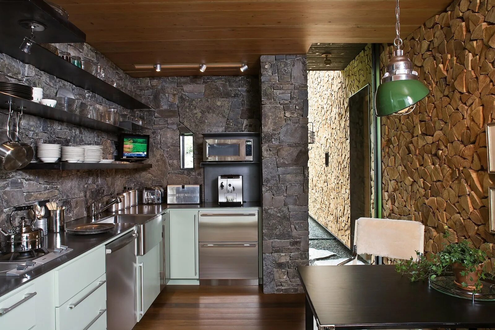 Кухня своими руками фото варианты отделки Kitchen Refrigerator Open Stone Slab Photos from Stacked-Wood Walls Tie This Eco