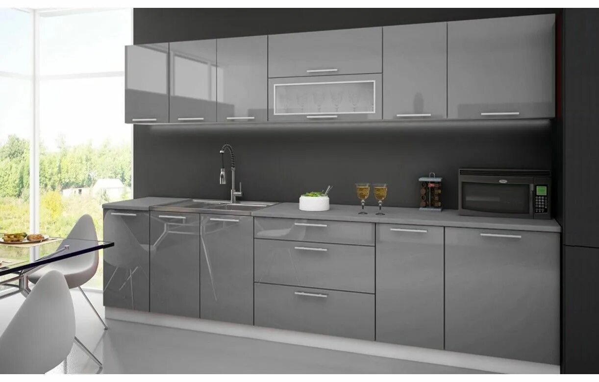 Кухня цвет графит фото в интерьере Cuisine complète 300cm gris laqué avec plan de travail Mullia - Decome Store