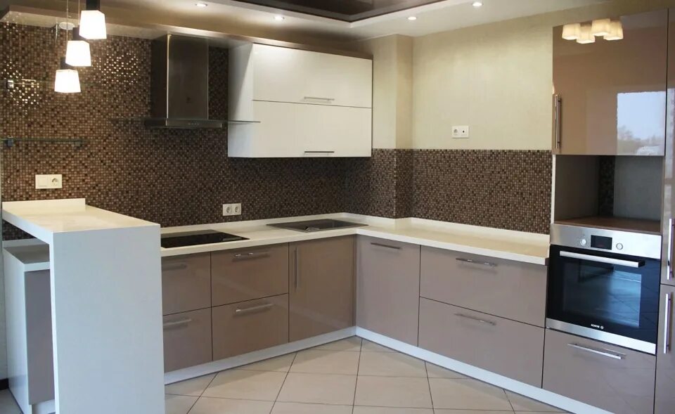 Кухня цвет кофе с молоком фото Современные встроенные кухни пластик глянец без ручек в Москве на заказ от произ