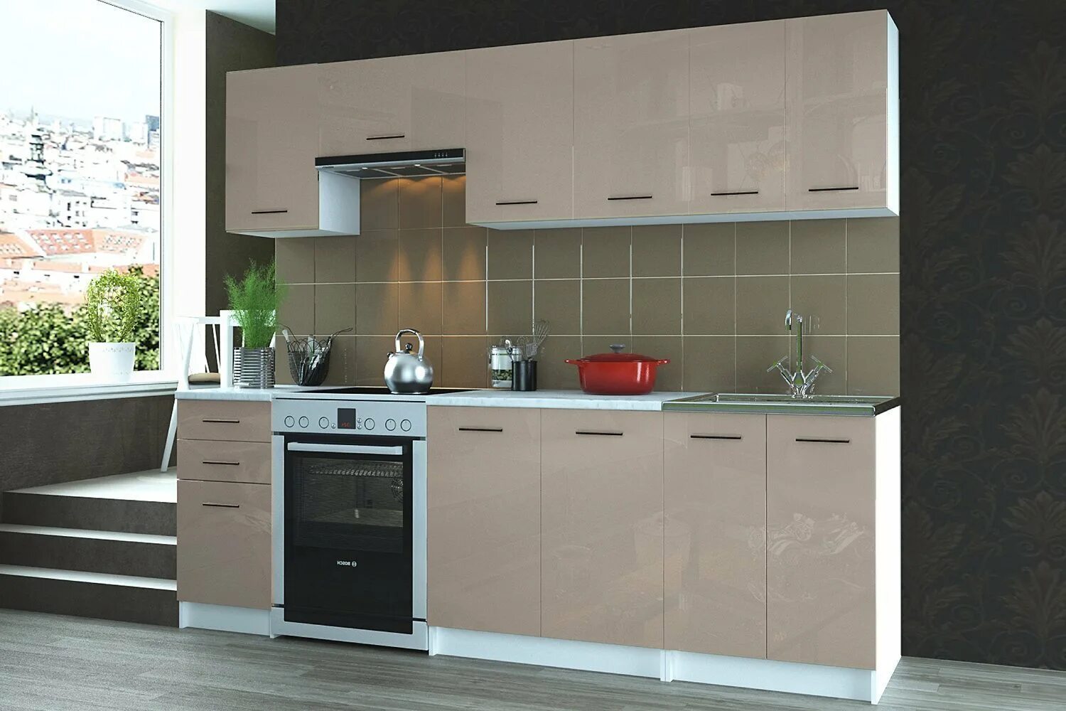 Кухня цвет латте матовый в интерьере фото Кухонный гарнитур Мокко 240х206х60 см - купить по цене 0 рублей в интернет-магаз