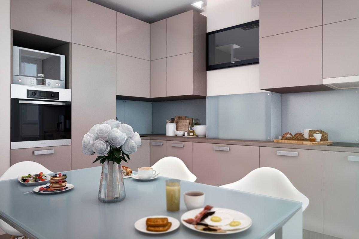Кухня цвет пудра матовая фото в интерьере Как подобрать фартук для кухни по цвету кухонного гарнитура: выбор цвета и матер