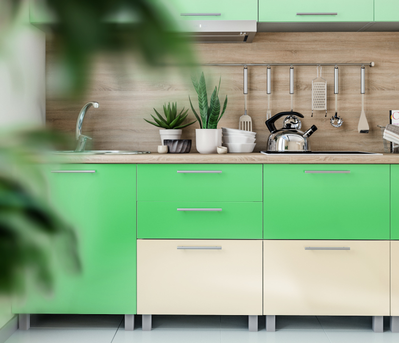 Кухня цвета эвкалипт в интерьере фото Анна L-2800 Эвкалипт/Ваниль купить за 88486 руб. в интернет магазине с доставкой