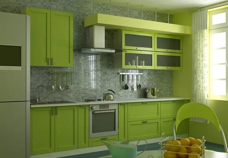 Кухня цвета фисташки в интерьере фото Кухни фисташкового цвета: фото интерьеров, мебели, сочетание с обоями