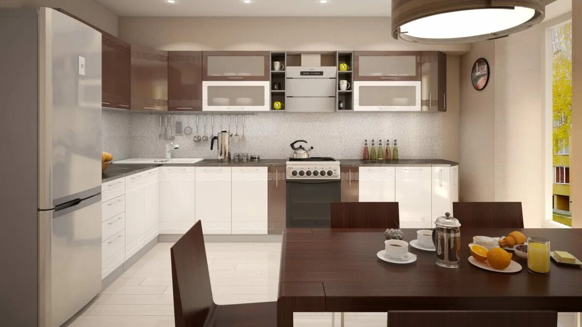 Кухня цвета кофе с молоком в интерьере Кухонный гарнитур угловой 1,8*3,36 м "Мокко" белый глянец + шоколад глянец (иц) 