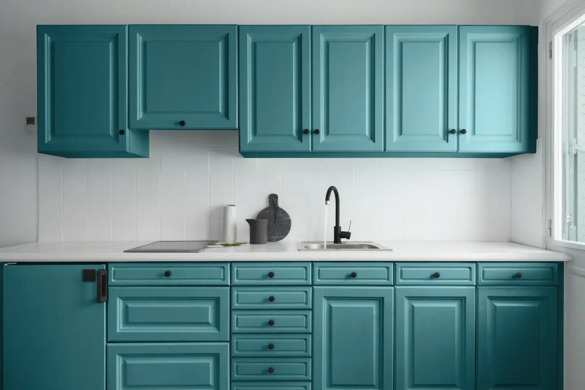 Кухня цвета маренго в интерьере фото Краска V33 Renovation для стен и мебели на кухне, бирюза, 0,75 л купить в интерн