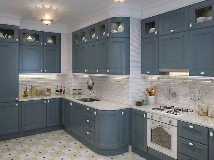 Кухня цвета маренго в интерьере фото Blue Kitchen Cabinets with Checkered Floor