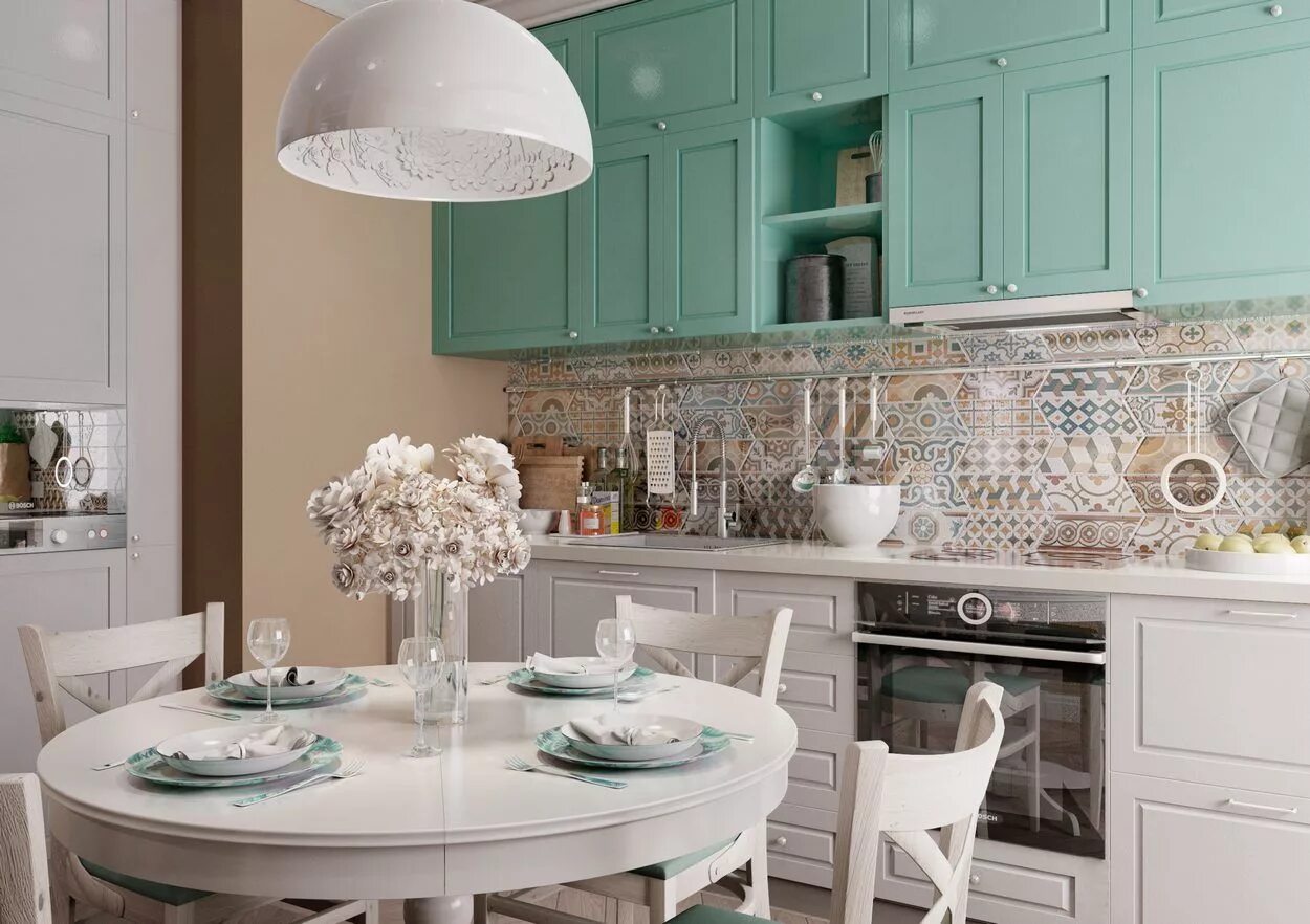 Кухня цвета мяты в интерьере фото Konyha pasztell színekkel díszítve, kerek étkezőasztal, kanapé - zöld, bézs, feh