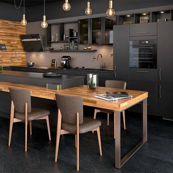 Кухня темно серая с деревом в интерьере #cuisine noire et bois #Cuisine Noire Et Bois credence #cuisine noire et bois il