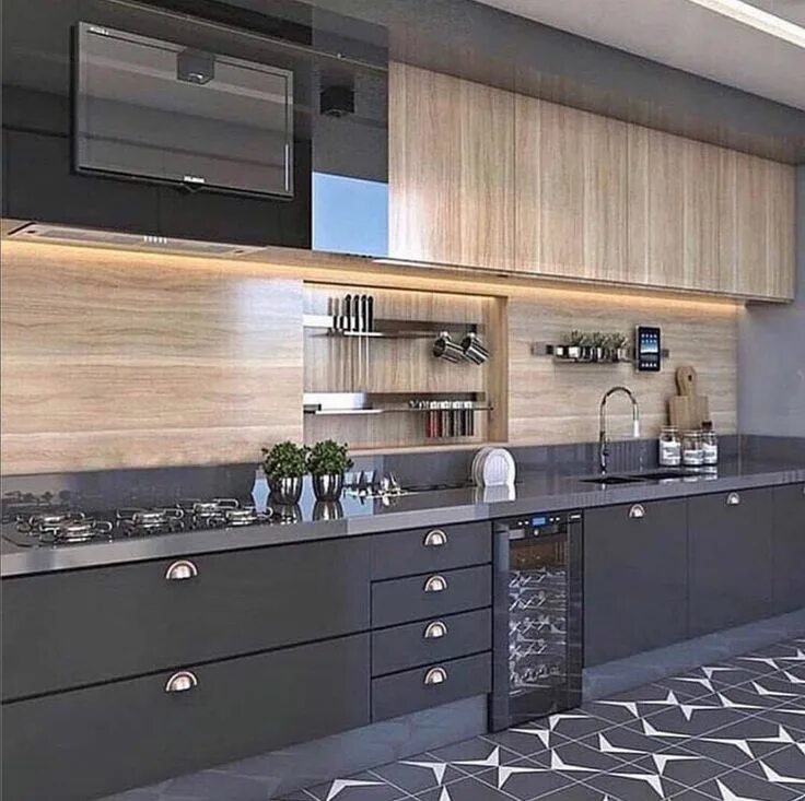 Кухня темно серая с деревом в интерьере Kitchen design. #interiordesign #t.w.interiordesign #designer #designapartame. D