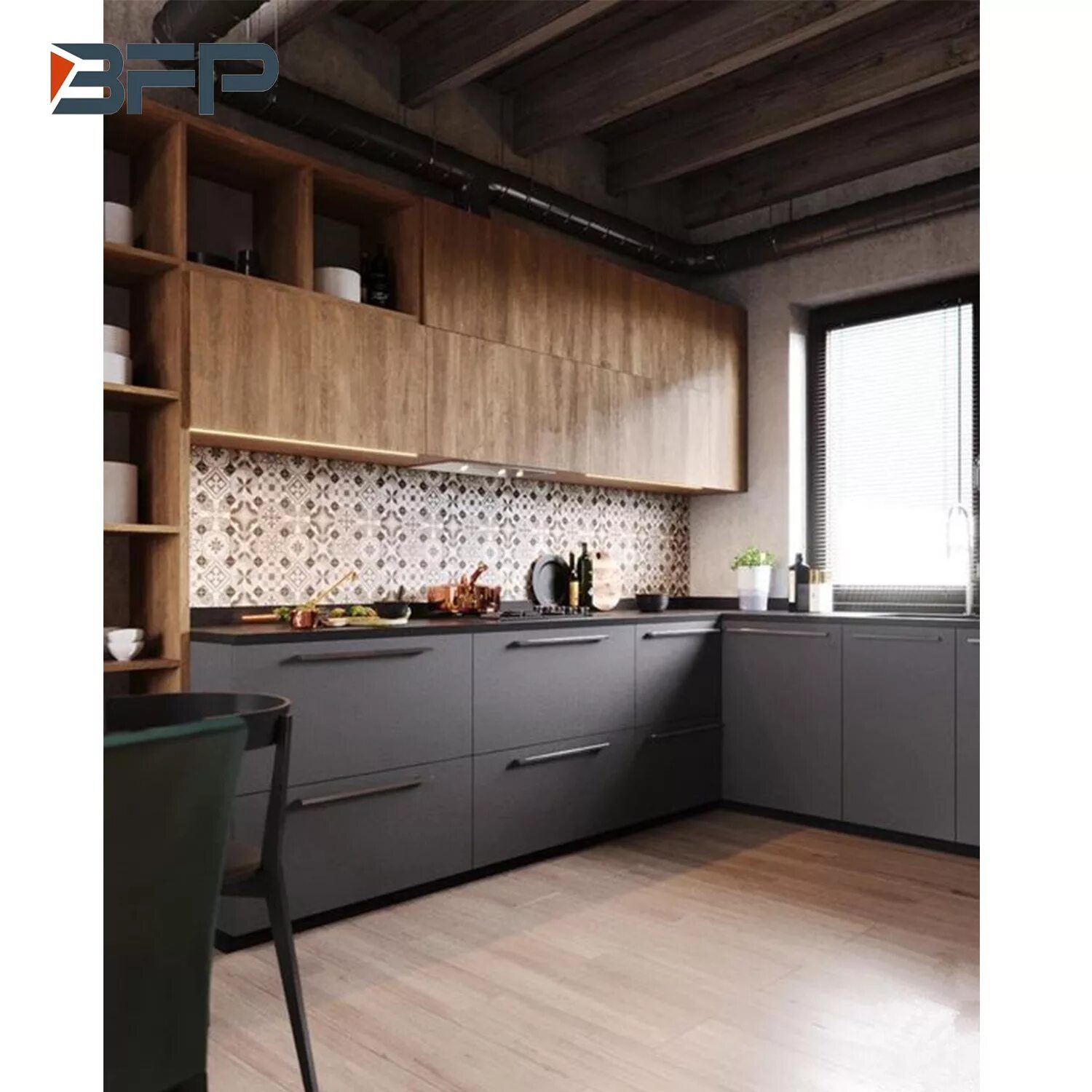 Кухня темно серая с деревом в интерьере В отличие от HPL зерна из светлого дерева отделкой High-end популярных кухонным 