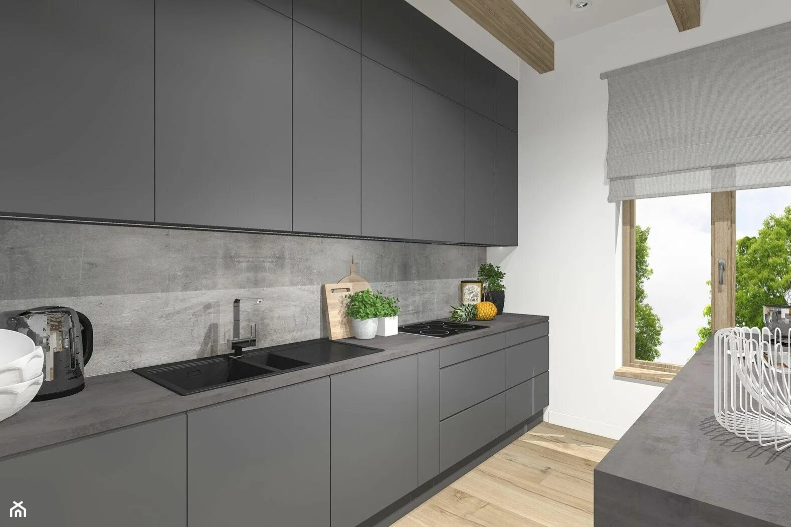 Кухня темно серая с деревом в интерьере Kuchnia - styl Nowoczesny 2021 Modern kitchen cabinet design, Home decor kitchen