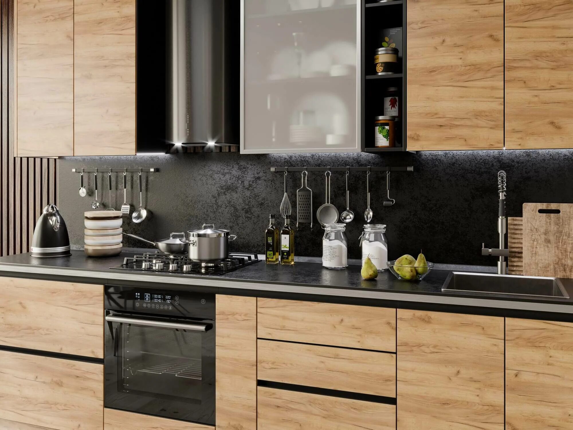 Кухня темный дуб фото Шервуд Кухонный гарнитур № 4 (Черный/Дуб золотой) Черный/Дуб золотой