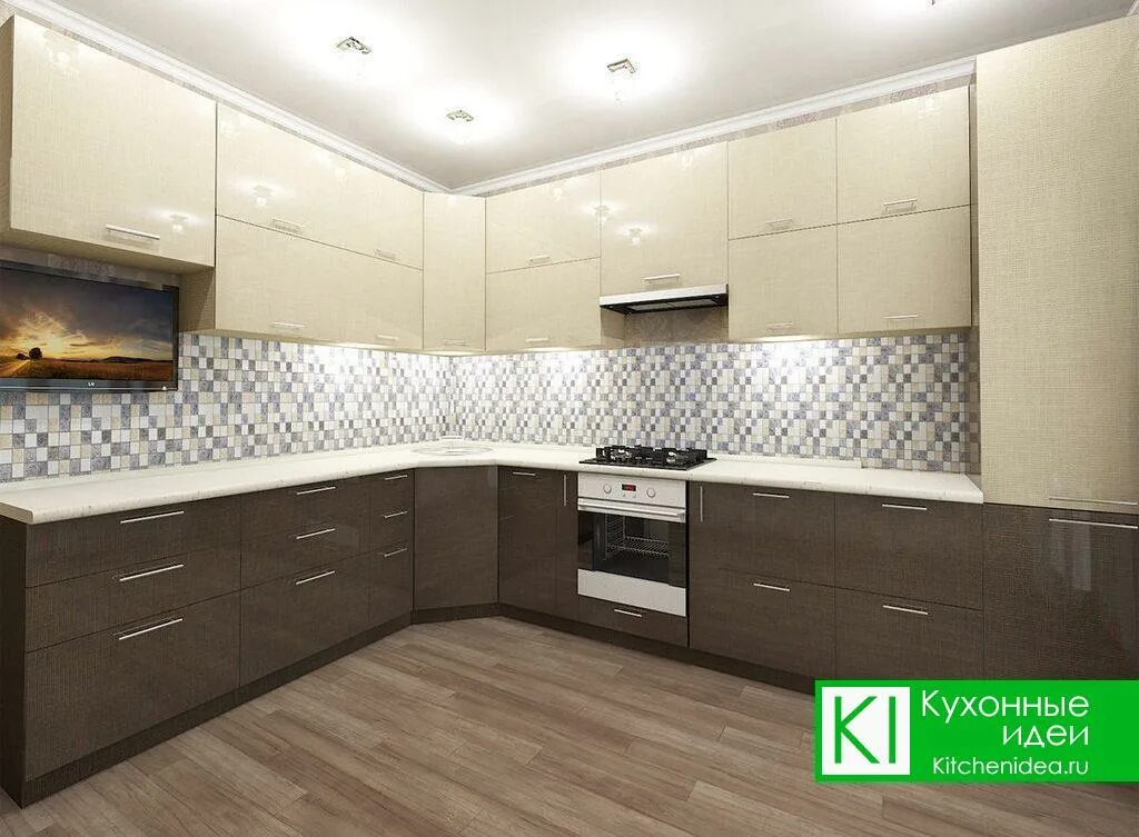 Кухня темный низ и светлый верх фото Кухня Олдем 3000 x 3600 мм, фасад ALVIC LUXE, Испания, цвет Textil Plata / Oro: 