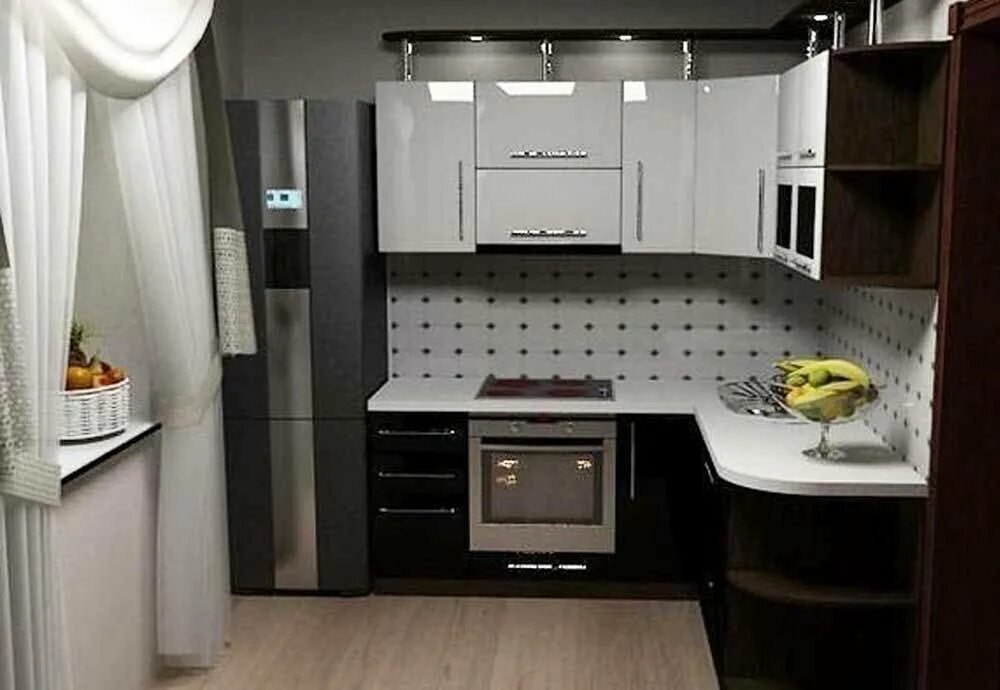 Кухня угловая 9м2 с холодильником фото Проект угловой кухни 5,7 кв. с холодильником и микроволновкой в 3D