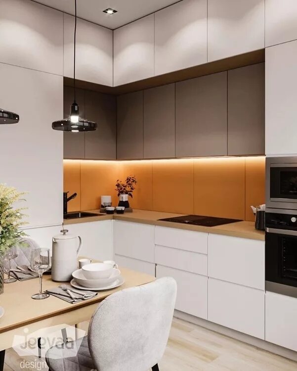 Кухня угловая для маленькой кухни дизайн современный Угловая кухня под потолок без ручек