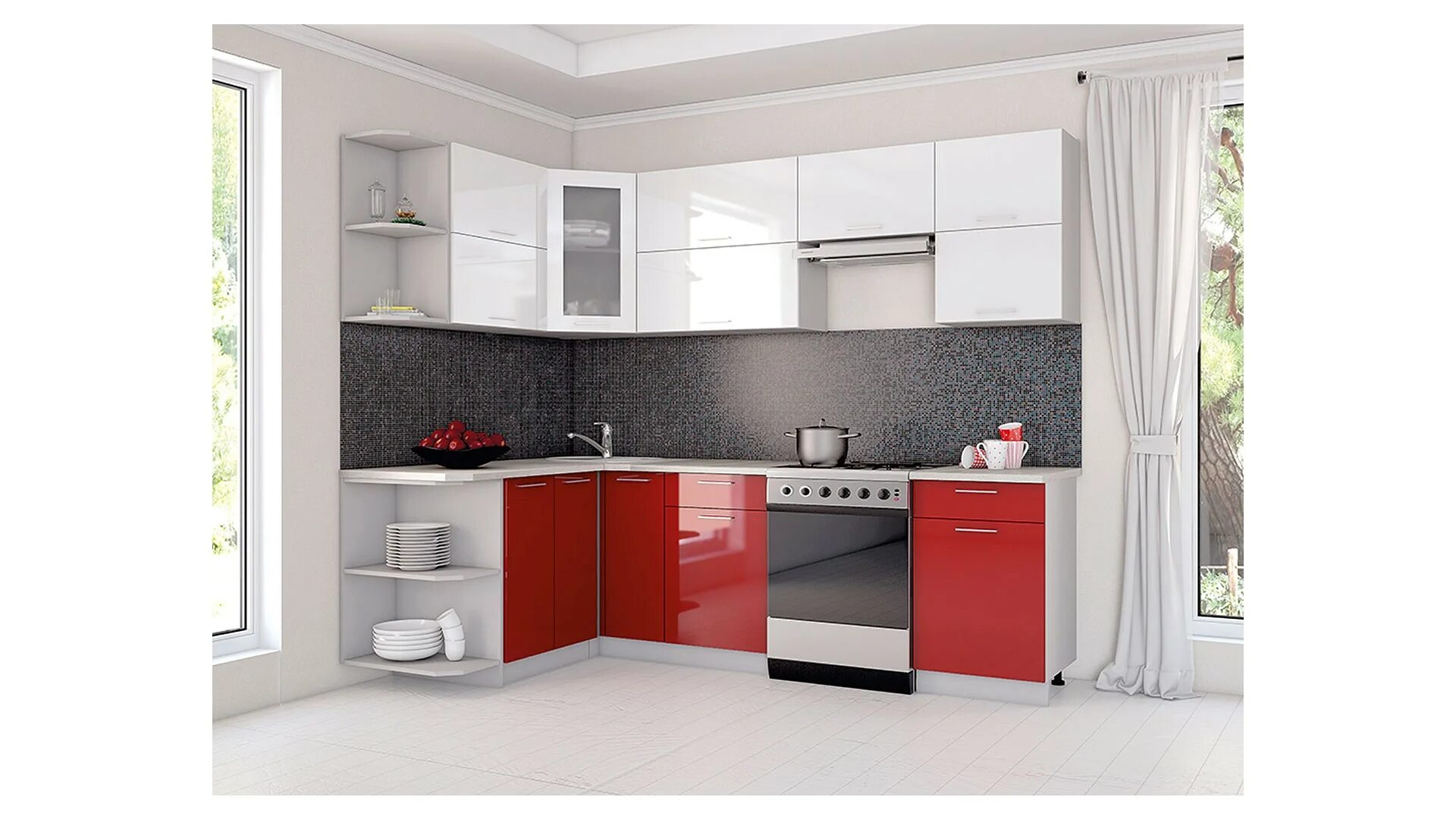 Кухня угловая фото цена минск Купить Кухня угловая Глосс 15х24 от Беларусь. Цвет: Серый, Белый, Красный.