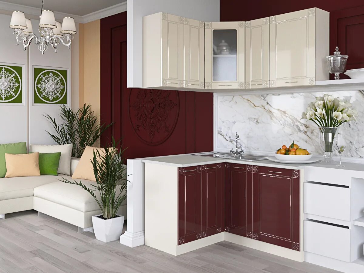 Кухня угловая фото цена минск Белорусская мебель для кухни Жасмин Ривьера Ваниль/Бордо от Артём-Мебель - Купит