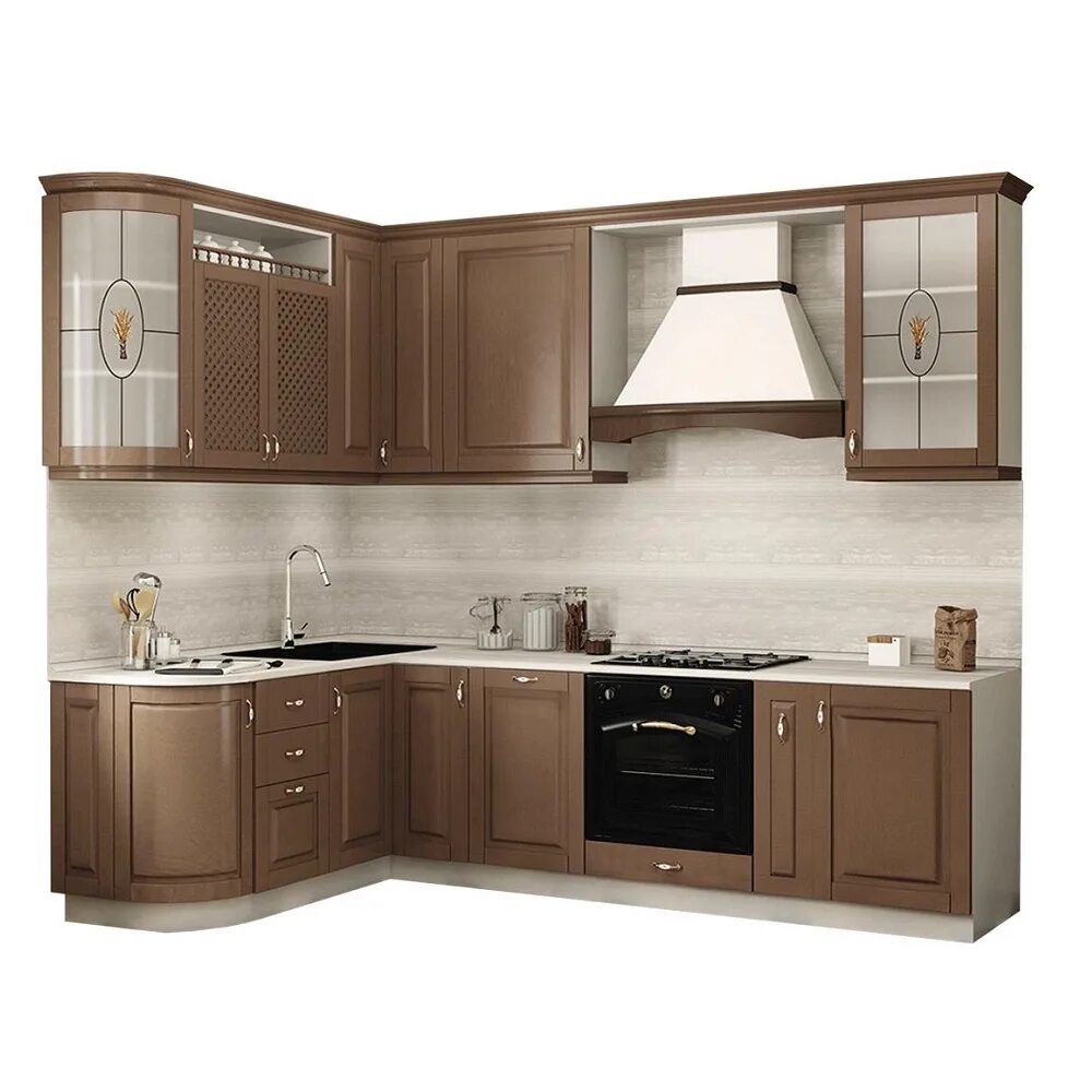 Кухня угловая каталог фото цены москва Кухня МАССИВ угловая 1735х2050 (Фасад вставка массив с витражами, столешница 38 