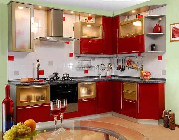 Кухня угловая красная фото Артикул: 124. Фотография из альбома Образцы Кухонных гарнитуров - 112 из 216 ВКо