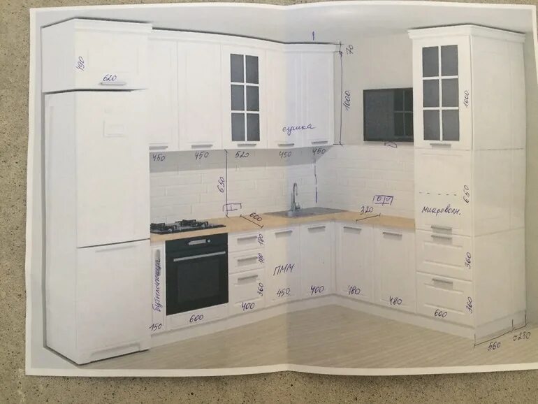 Кухня угловая с пеналом фото дизайн Проект угловой белой кухни 10 кв с пеналом и ТВ над холодильником