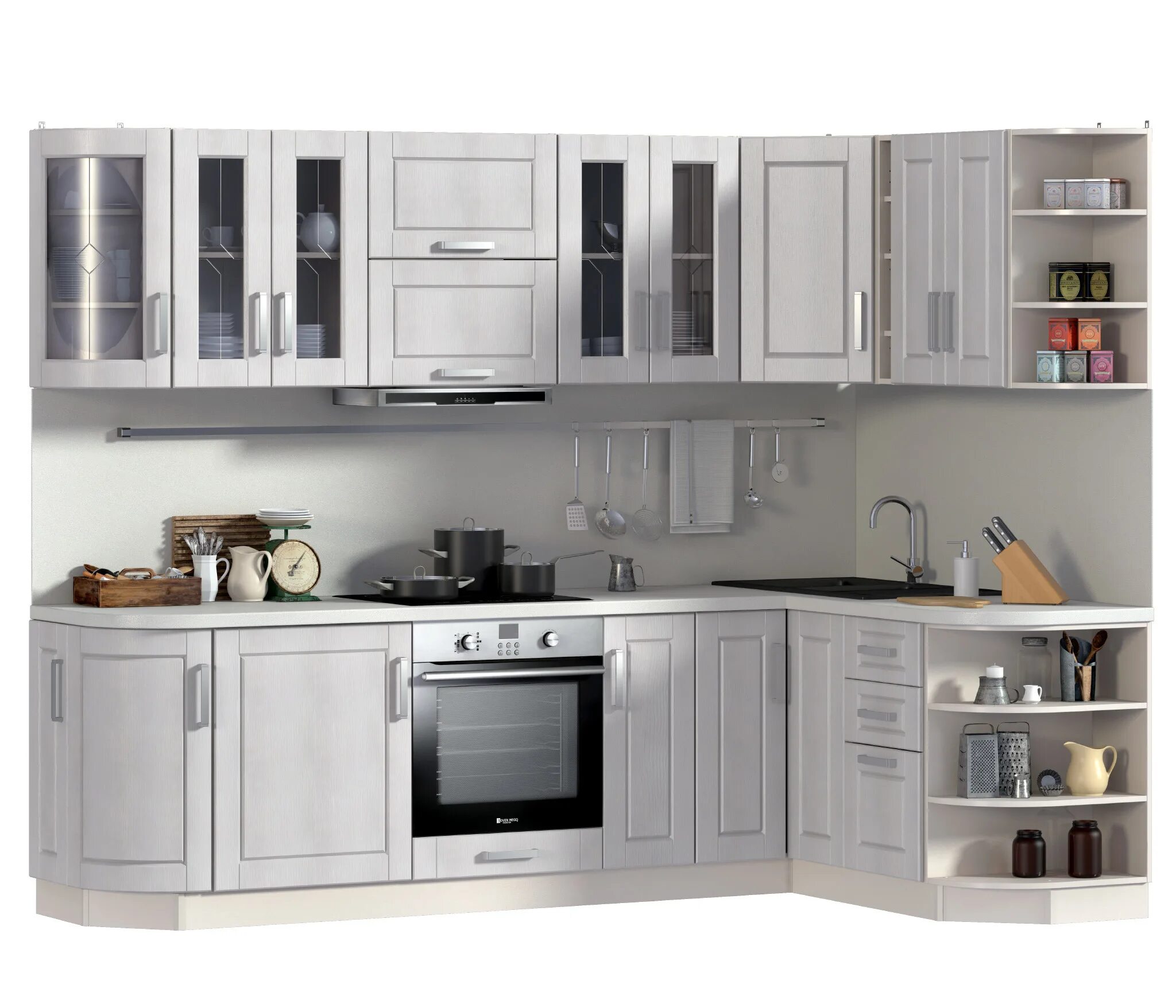 Кухня угловая столплит фото Регина Риф белоснежный с гнутыми фасадами 2700*1650 купить за 89602 руб. в интер