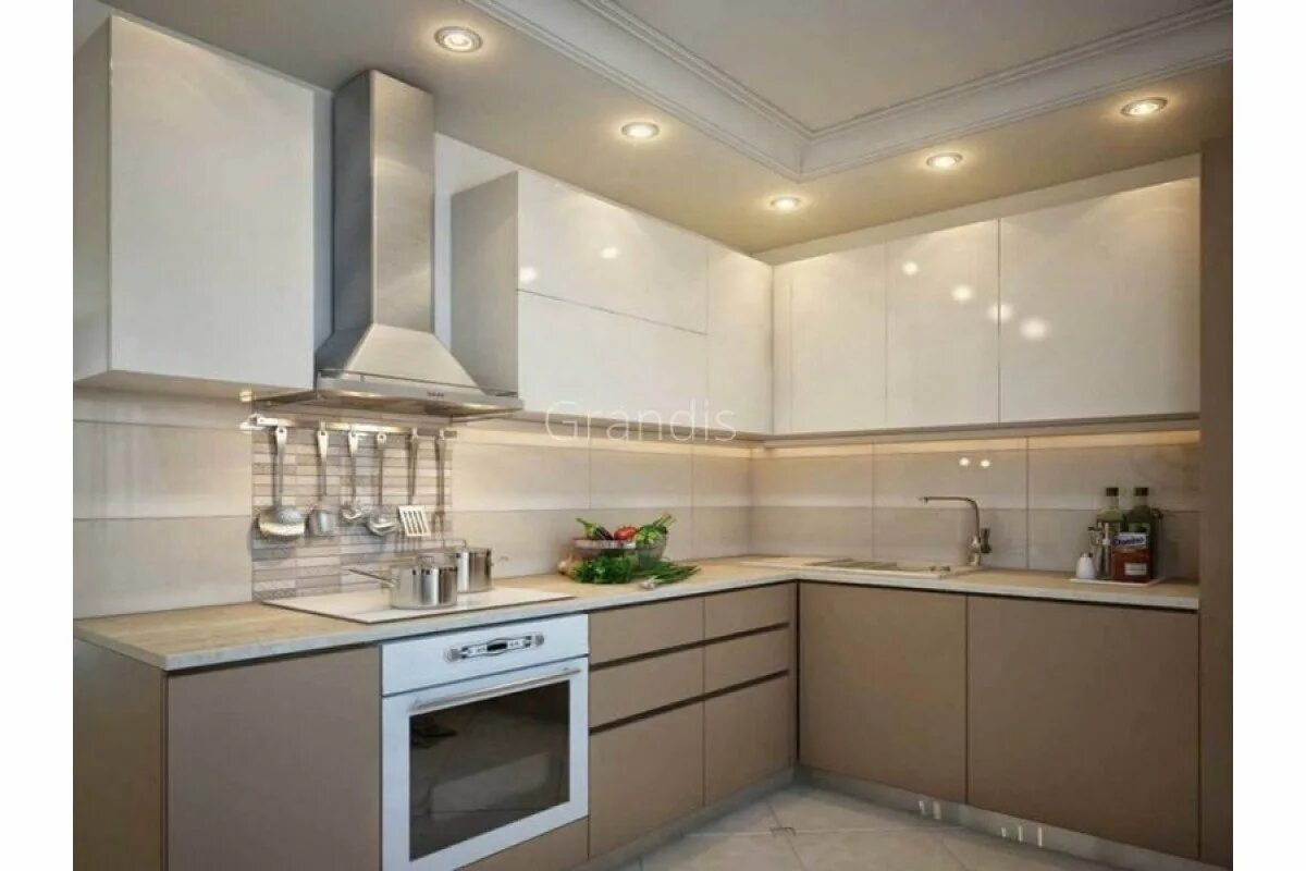 Кухня угловая светлая фото дизайн Бело бежевая кухня - 69 фото