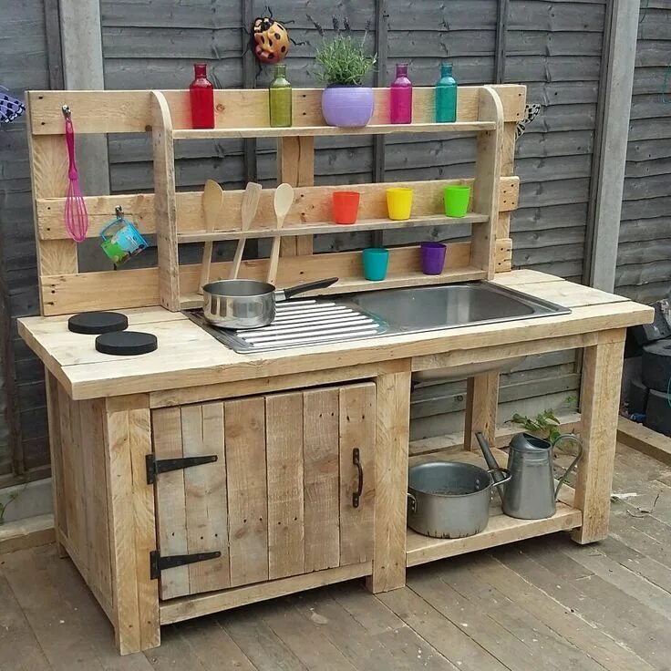 Кухонная мебель для дачи своими руками Mud kitchen. Maison pour enfants palettes, Cuisine en bois enfant, Mobilier exté