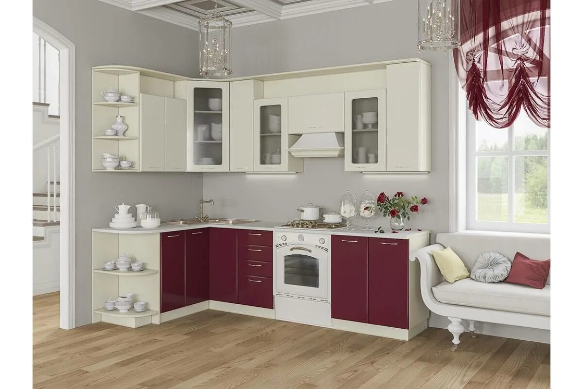 Кухонная мебель фото Кухня угловая Виола бордо - ваниль глянец Артем мебель купить кухню угловую в ин