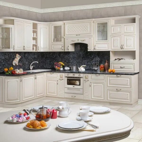 Кухонная мебель в ингушетии фото Кухня угловая 1655/2555 мм. Прага (бежевый/патина золото) купить в магазине Мебе